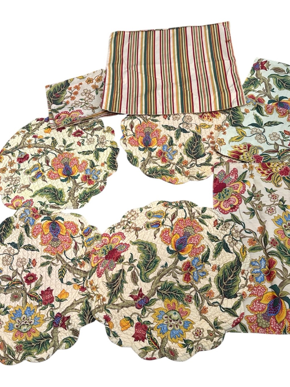 Unique Vintage Floral Quilted Table Linens in Cream, Green, Red, Yellow, Blue